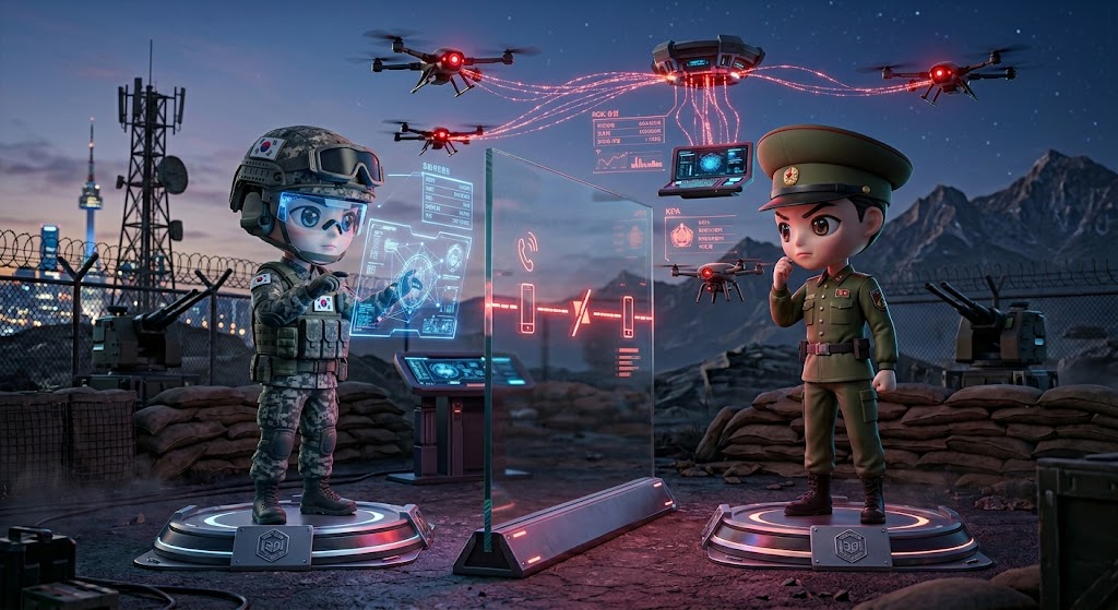 남한과 북한의 군인이 투명한 벽을 사이에 두고 대치하고 있는 모습