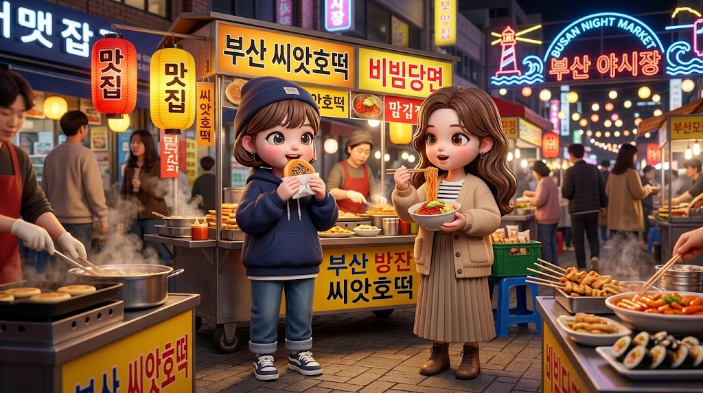 부산의 활기찬 야시장에서 씨앗호떡과 비빔당면을 판매하는 가게의 모습