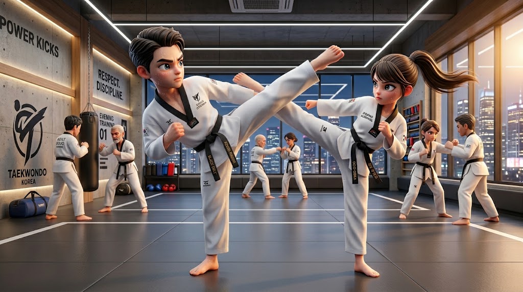세련된 조명이 있는 현대식 도장. 정장을 입은 가방을 옆에 두고 도복으로 갈아입은 성인들이 사범님의 구령에 맞춰 힘차게 발차기를 하는 모습