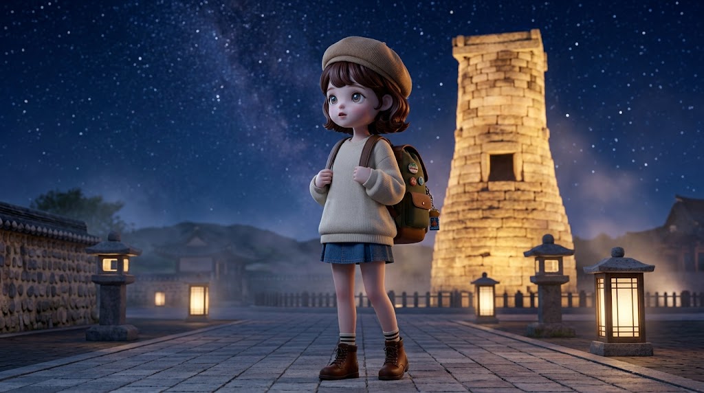 야간 조명이 켜진 첨성대 배경, 밤하늘을 보는 여행자