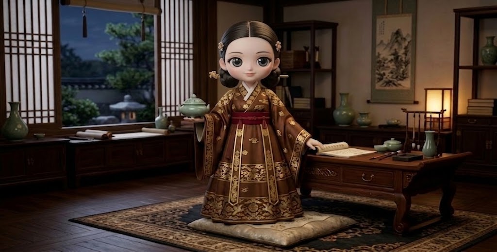 비취색 청자 병을 소중하게 안고 있는 세련된 고려 복장의 캐릭터