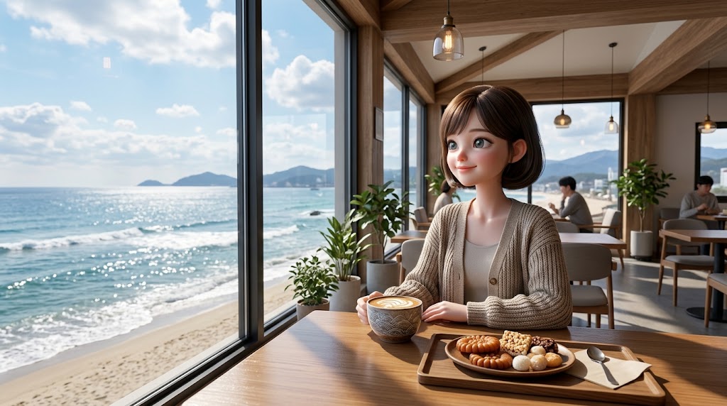 강릉 해변을 바라보며 카페에서 커피를 마시는 여행자를 표현한 연출 이미지
