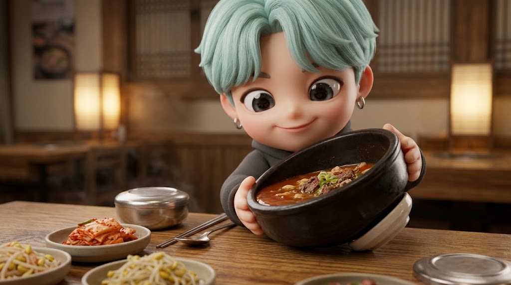 뚝배기를 비스듬히 세워 마지막 국물을 떠먹는 캐릭터 / A trendy 3D collectible character tilting the earthenware pot (Ttukbaegi) to finish the last drop of soup.
