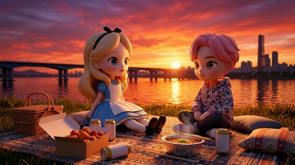 한강 공원 잔디밭 위 돗자리에 앉아 친구와 함께 배달된 치킨과 라면을 즐기는 캐릭터