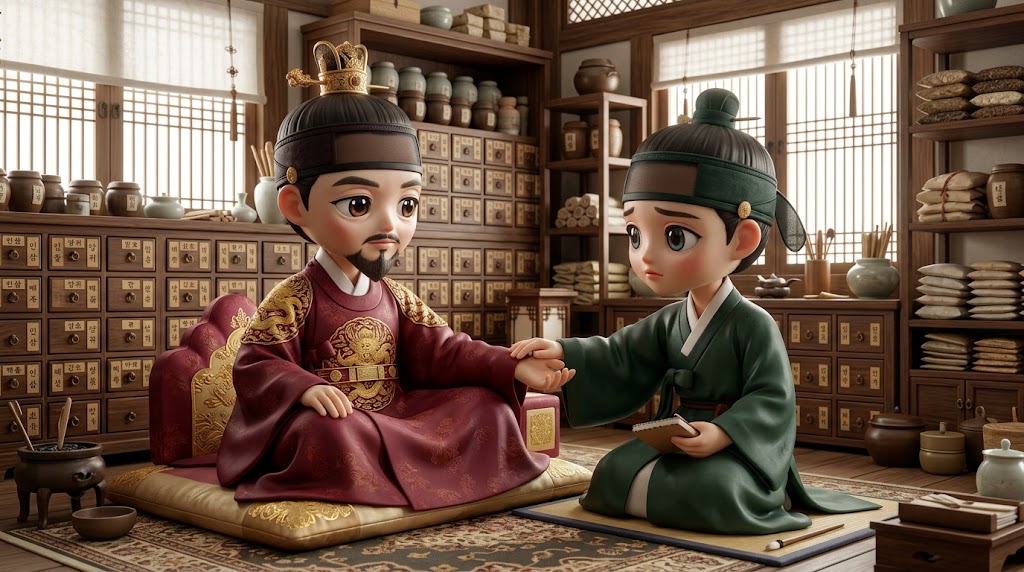 건강을 걱정하는 어의의 진찰을 받는 세종대왕 (King Sejong receiving a checkup from a royal physician worried about his health)
