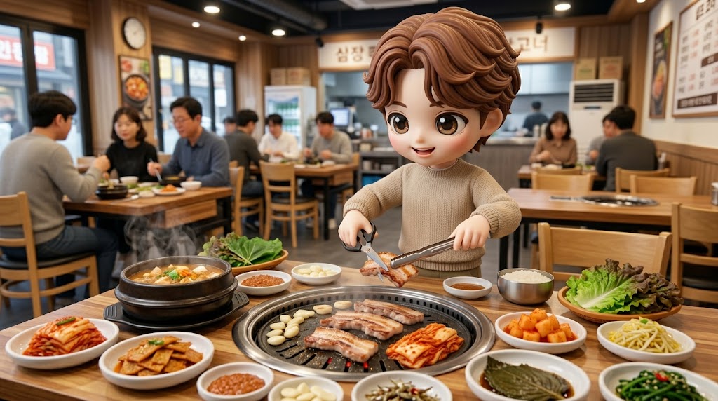 식당 안, 캐릭터가 한 손에는 고기를 집는 집게(Tongs)를, 다른 한 손에는 식당용 가위(Kitchen scissors)를 들고 불판 위의 고기를 자르는 모습. 식탁 위에는 김이 모락모락 나는 찌개와 다양한 반찬들이 놓여 있음