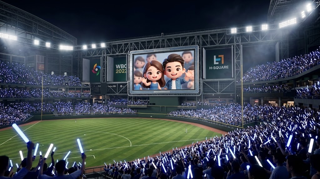 대형 전광판에 비친 즐거운 관중들의 모습과 야구장의 화려한 이벤트 (Joyful spectators reflected on a large electronic display during a stadium event.)
