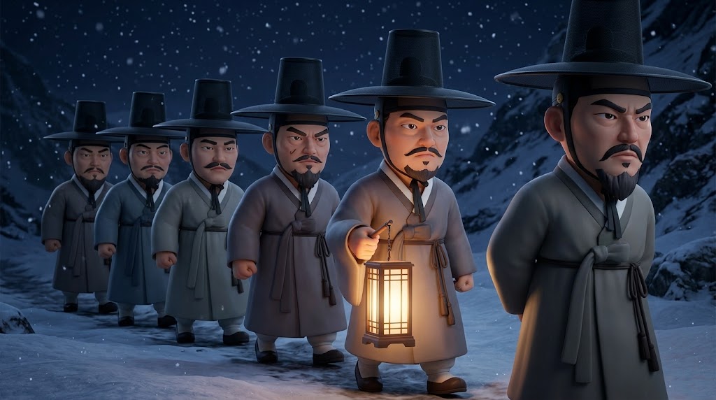 어두운 밤 숲길에서 등불을 들고 비장한 표정으로 걷는 사람들의 모습 (People walking through a dark forest path with lanterns and determined expressions.)
