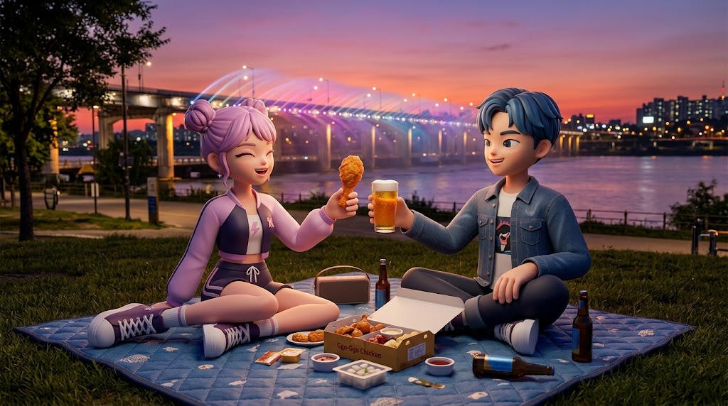 한강 공원에서 돗자리를 펴고 치맥을 즐기는 사람들 (People enjoying Chimaek on a mat at Hangang Park)