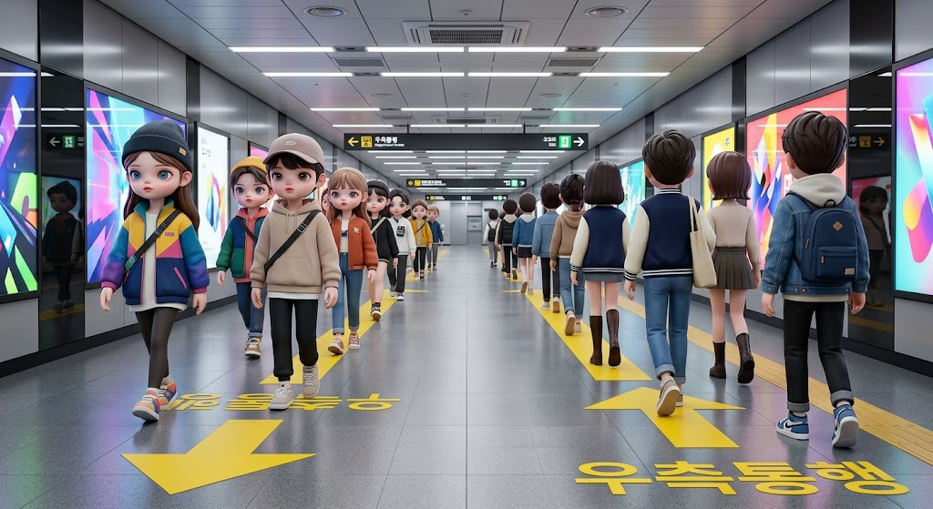 환승 통로에서 우측통행 표지판을 따라 줄을 지어 이동하는 질서 정연한 캐릭터들. Characters moving in an orderly line following the keep-right signs in a transfer passage.