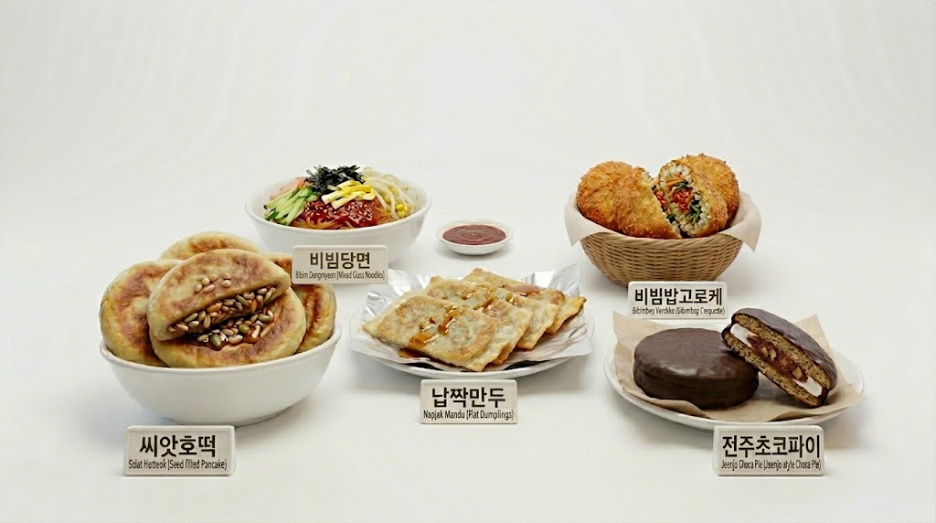 씨앗호떡, 비빔당면, 납짝만두, 비빔밥고로케, 전주초코파이
