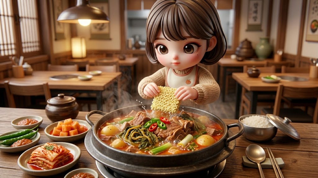 보글보글 끓는 국물에 라면 사리를 넣고 설레는 표정으로 기다리는 캐릭터.  A character waiting excitedly as they add instant noodles to the boiling pot of spicy pork backbone stew.
