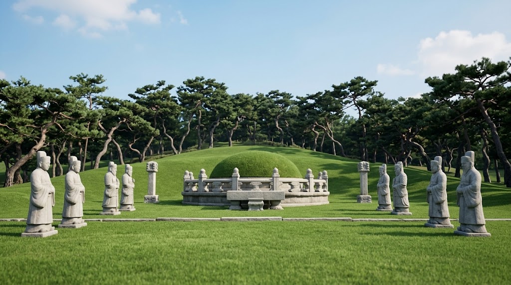  푸른 숲과 석조물들이 조화를 이루는 고즈넉한 조선 왕릉의 풍경 (A peaceful scene of a Joseon royal tomb harmonizing with green forests and stone statues.)
