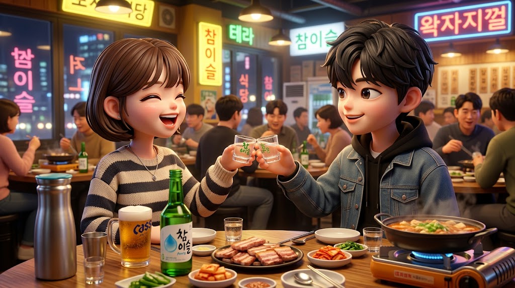 초록색 소주병과 맥주잔이 놓인 즐거운 회식 자리 / A lively dinner table with green Soju bottles and glasses of beer