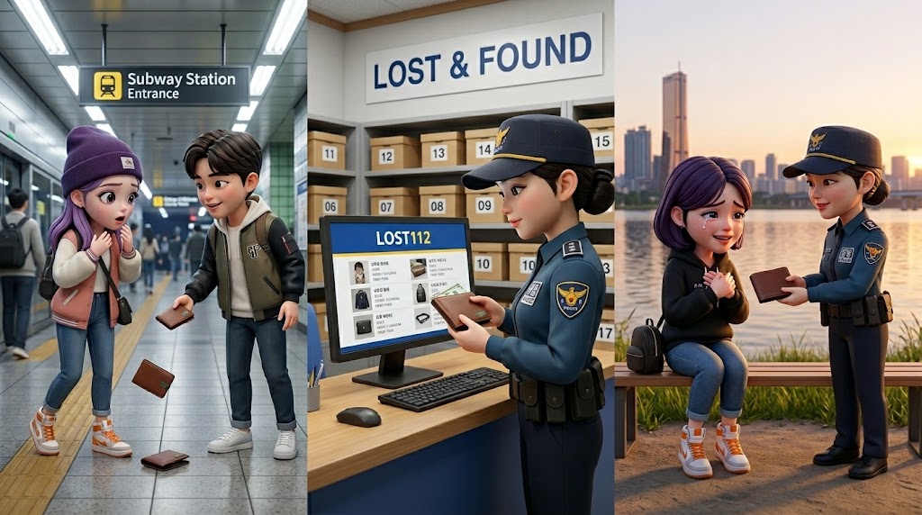 캐릭터가 경찰관으로부터 잃어버렸던 지갑을 전달받고 기뻐하는 모습 (A character happily receiving a lost wallet back from a police officer)
