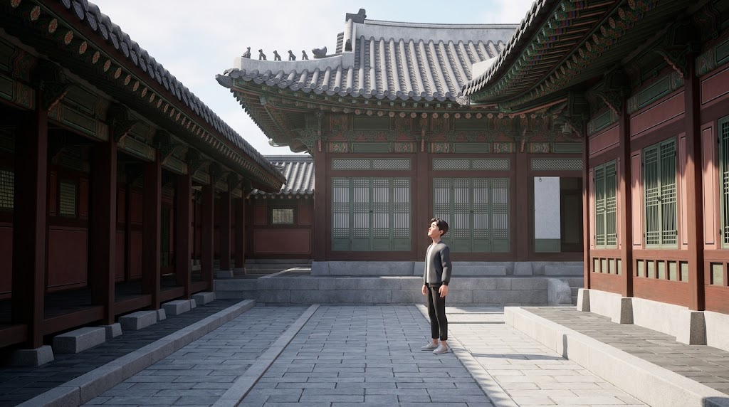 A peaceful and minimalist palace courtyard with clean stone paths and simple traditional buildings.