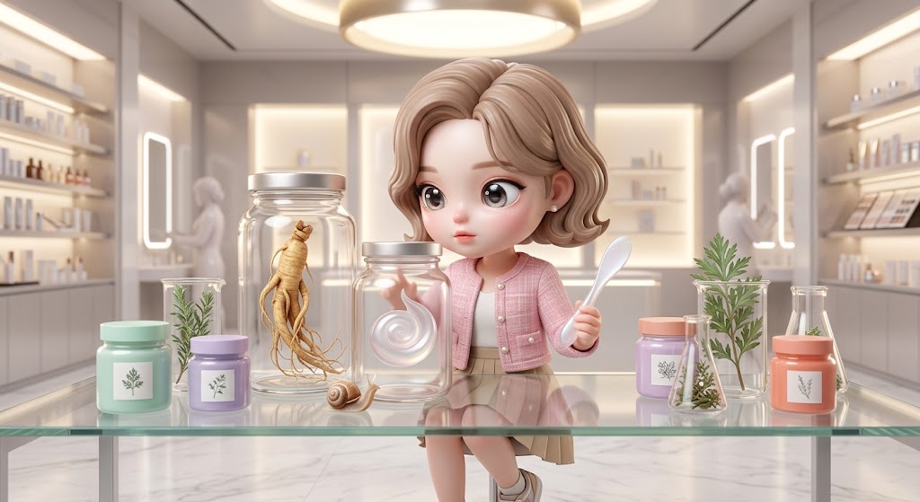 K-뷰티의 독특한 성분을 시각화한, 인삼과 달팽이 성분 옆에서 화장품을 섞는 3D 수집용 캐릭터 이미지. (A 3D collectible character image mixing cosmetics next to ginseng and snail mucin ingredients, visualizing the unique ingredients of K-Beauty.)