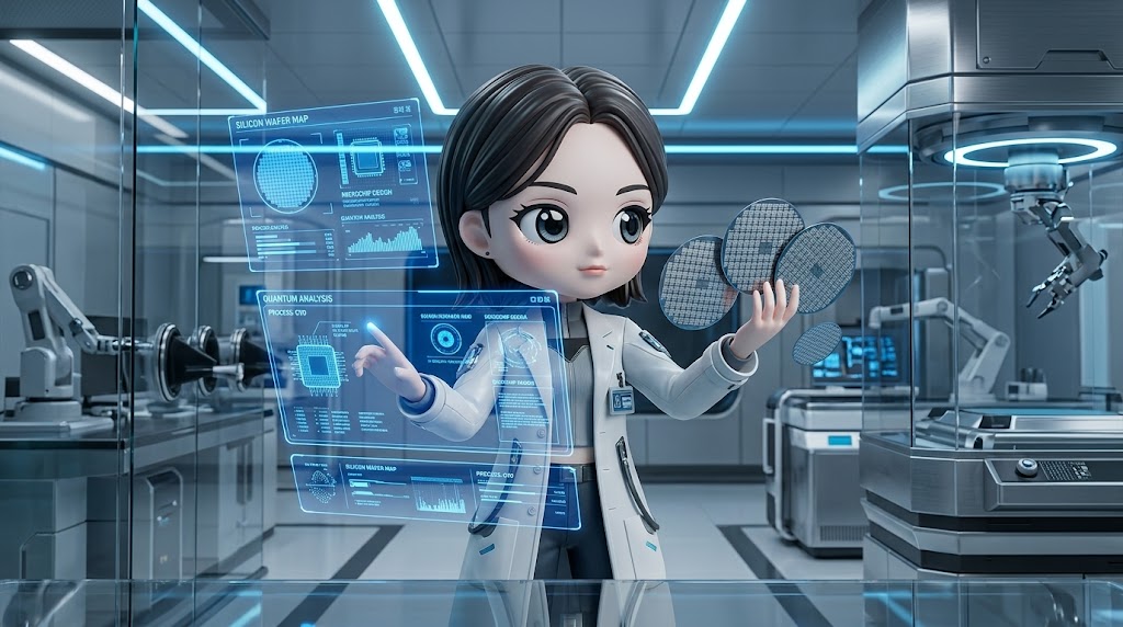 미래형 연구소에서 투명한 태블릿을 조작하는 스마트한 3D 캐릭터