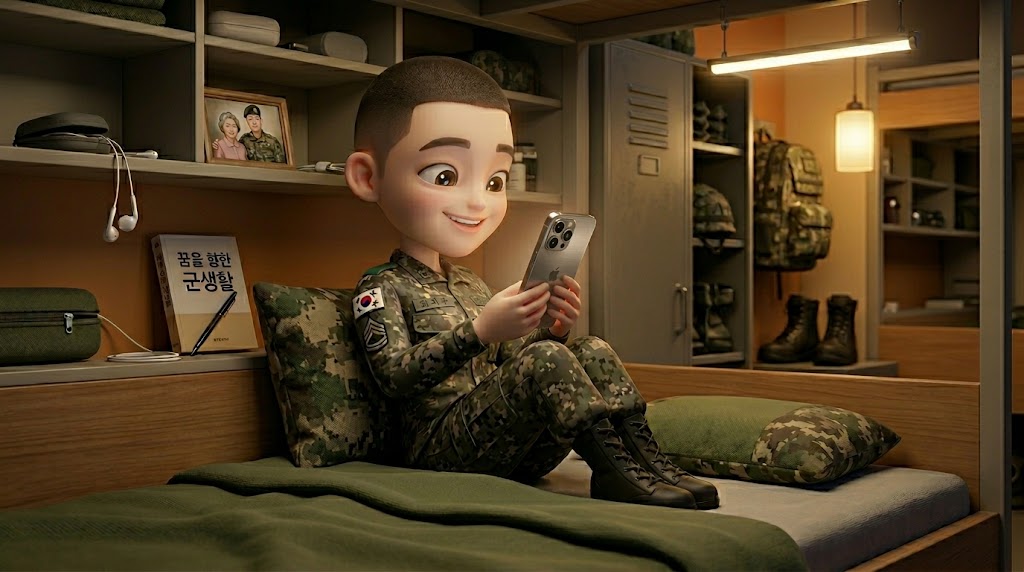 안락한 2층 침대 위에서 전투복 상의를 벗고 티셔츠 차림으로 스마트폰 화면을 보며 환하게 웃고 있는 남성 군인 캐릭터의 고해상도 3D 이미지
