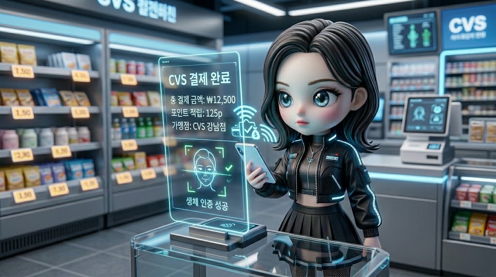 character with detailed eyes holding a smartphone up to a futuristic transparent payment kiosk in a modern store, illustrative style