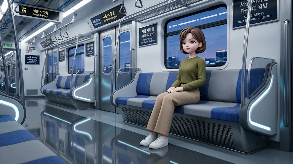 쾌적한 한국 지하철 내부의 캐릭터 이미지