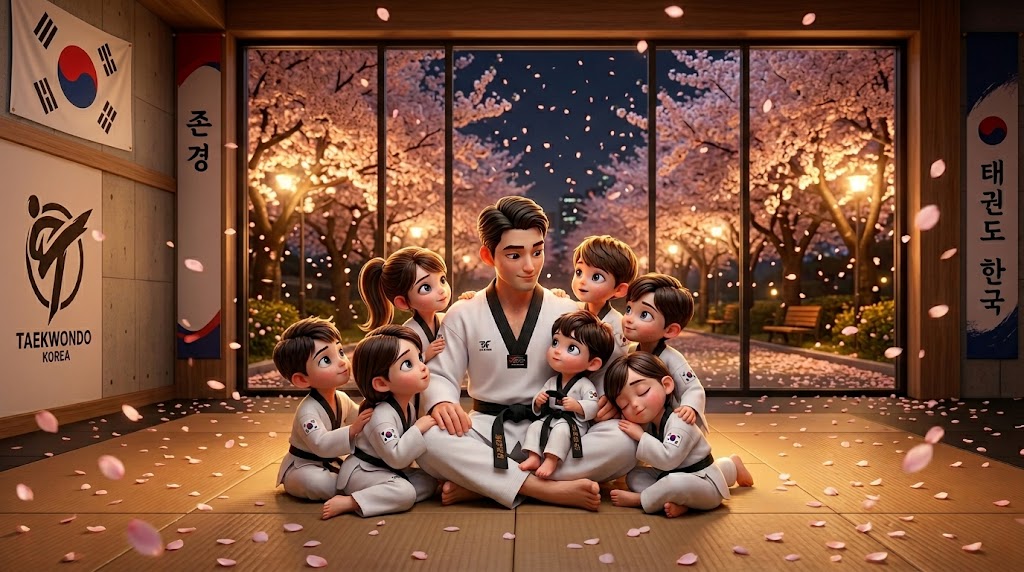 벚꽃이 피어 있는 한국의 아름다운 공원. 검은 띠를 맨 인물이 아이들 눈높이에 맞춰 무릎을 굽히고 앉아 환하게 웃으며 대화하는 모습