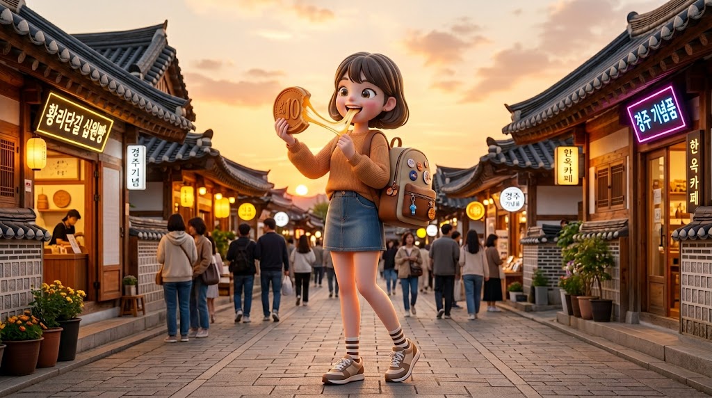 황리단길 한옥 거리 배경, 간식을 든 여행자