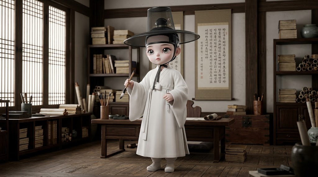 얀 한지 위에 붓글씨를 쓰고 있는 갓을 쓴 선비 캐릭터