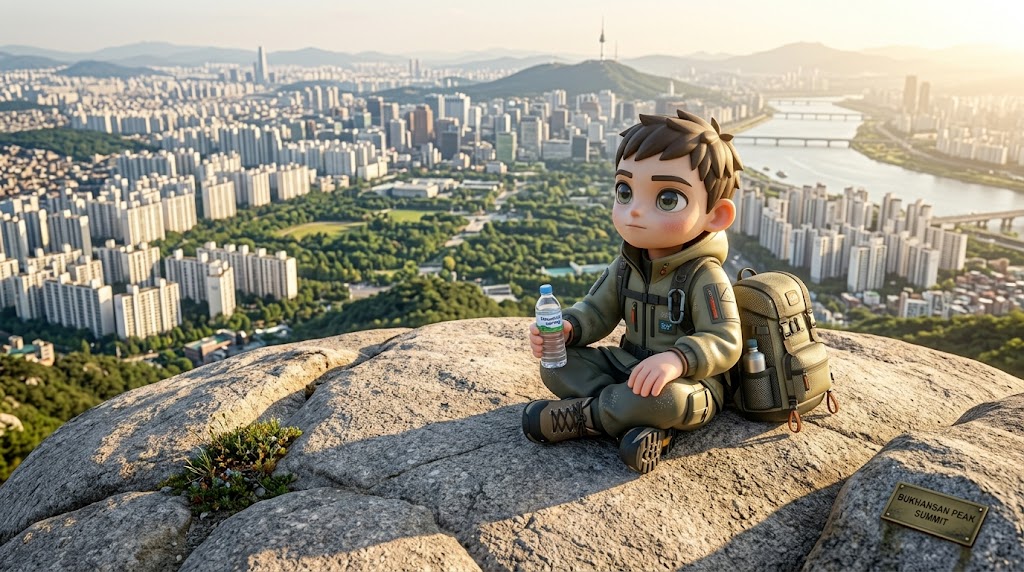 불암산 정상 너럭바위에서 도시를 내려다보며 휴식하는 캐릭터. (resting on a flat rock at Buramsan summit, looking down at the city. KOR/ENG)