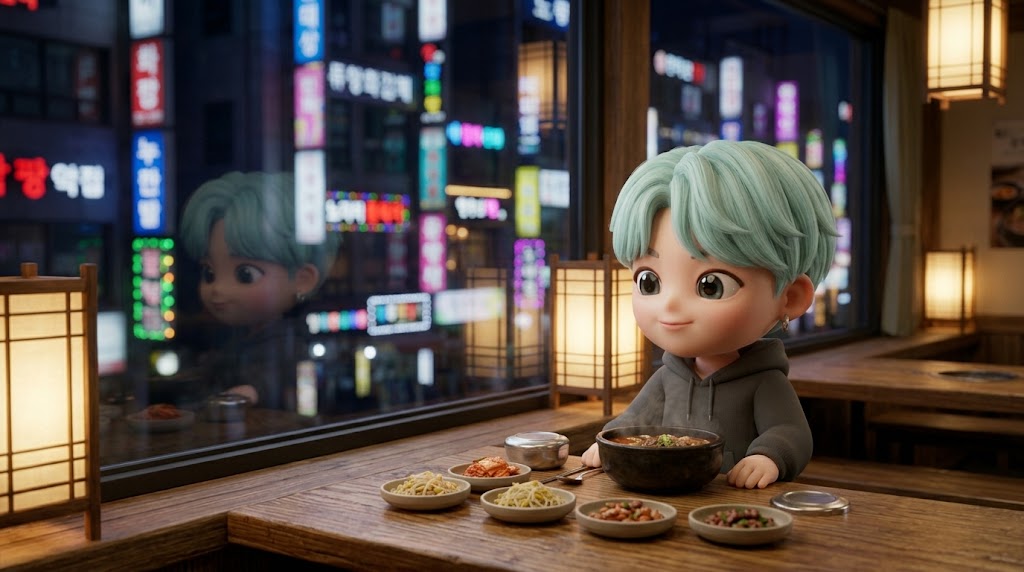 밤거리를 배경으로 창가에서 홀로 국밥을 즐기는 캐릭터 / A trendy 3D collectible character enjoying a warm bowl of Gukbap alone at a window seat late at night with city lights.
