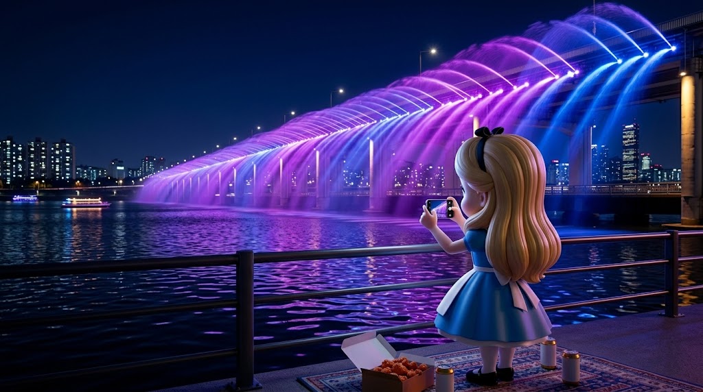 보라색과 푸른색 조명이 켜진 대교 분수 아래에서 스마트폰으로 사진을 찍는 캐릭터