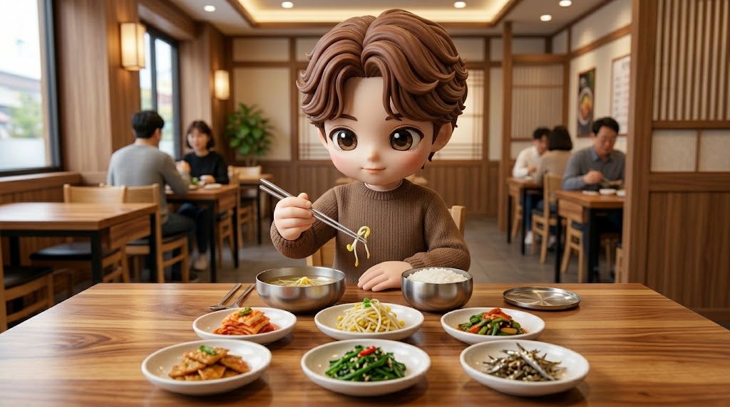 조용하고 아늑한 식당 안, 캐릭터가 정석적인 자세로 앉아 있음. 오른손으로 스테인리스 젓가락을 사용해 접시 위의 콩나물을 정중하게 집어 올리는 순간. 테이블에는 밥공기와 국그릇이 제 자리에 놓여 있고, 전체적으로 정갈하고 예의 바른 분위기