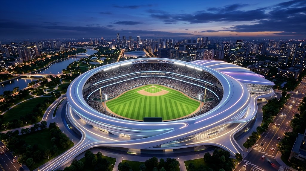 현대적이고 웅장한 디자인을 자랑하는 한국의 최신식 야구 경기장 전경 (Panoramic view of a modern and grand state-of-the-art baseball stadium in Korea.)
