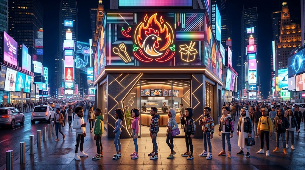 전 세계 대도시에서 줄을 서서 기다리는 한국 치킨 매장 (A Korean chicken shop with a long line in a major global city)