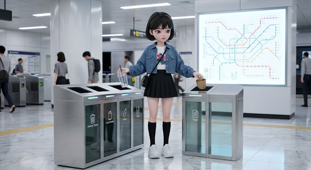 자신이 마신 음료 컵을 가지고 내려 역내 분리수거함에 정확히 버리는 청결한 캐릭터. A clean-cut character taking their drink cup and disposing of it correctly in the recycling bin at the station.
