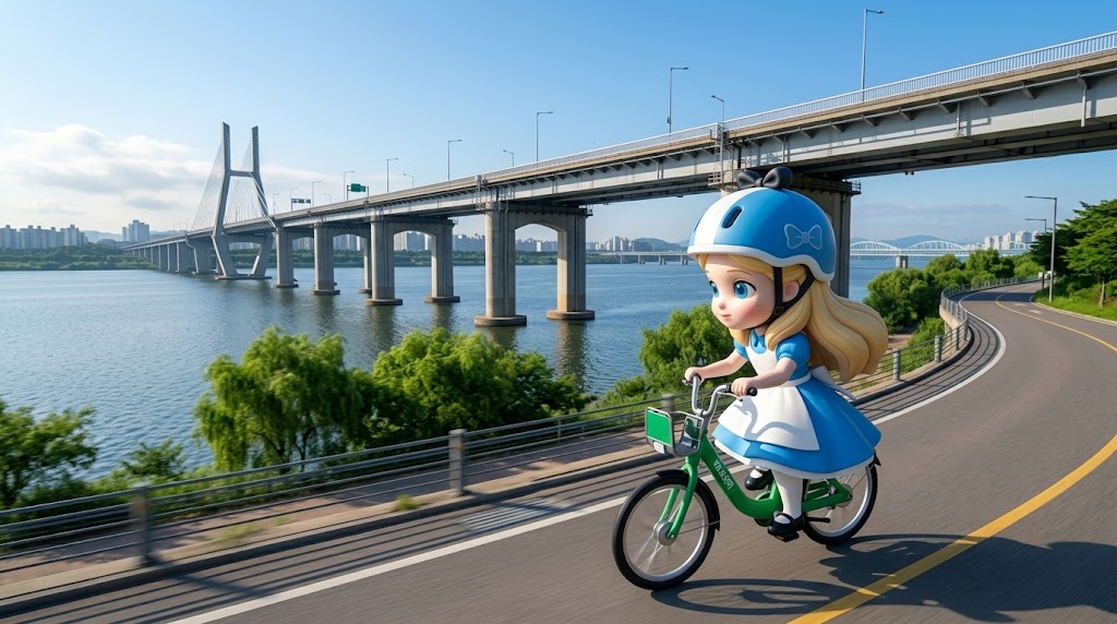 헬멧을 착용하고 현대적인 디자인의 자전거를 타고 강변 도로를 달리는 역동적인 캐릭터