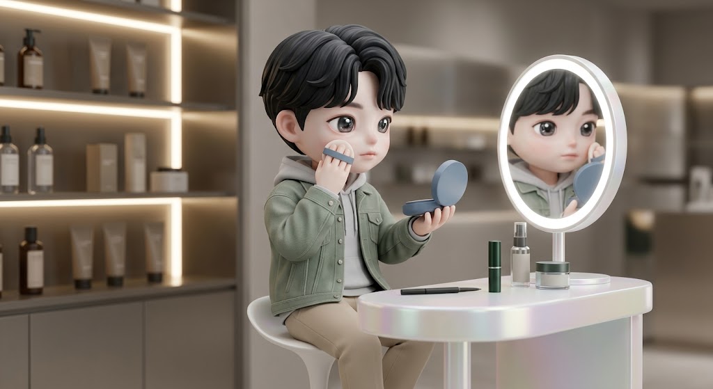 한국의 남성 뷰티 문화를 시각화한, 남성 전용 쿠션 팩트를 톡톡 두드리는 3D 남성 수집용 캐릭터 이미지. (A 3D male collectible character image tapping a male cushion compact, visualizing Korean male beauty culture.)