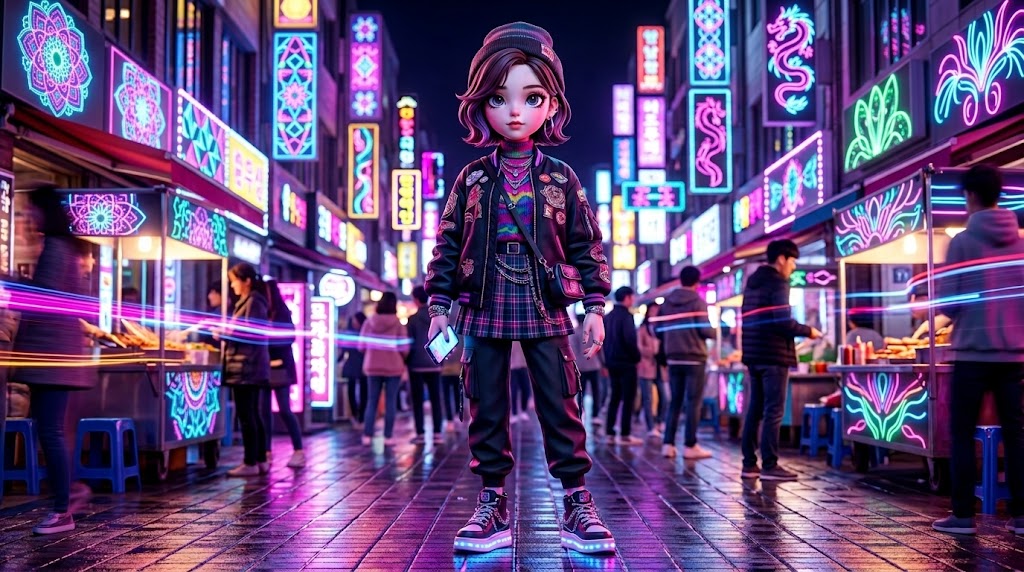 K-POP 스타일의 의상을 입고 서울의 번화가에 서 있는 세련된 3D 캐릭터