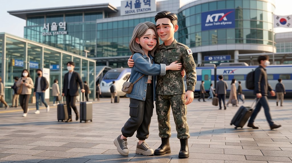 서울역 시계탑 앞에서 꽃다발을 든 아름다운 여성 캐릭터와 큰 배낭을 메고 달려온 군인 캐릭터가 서로를 껴안고 기뻐하는 로맨틱한 고해상도 3D 이미지
