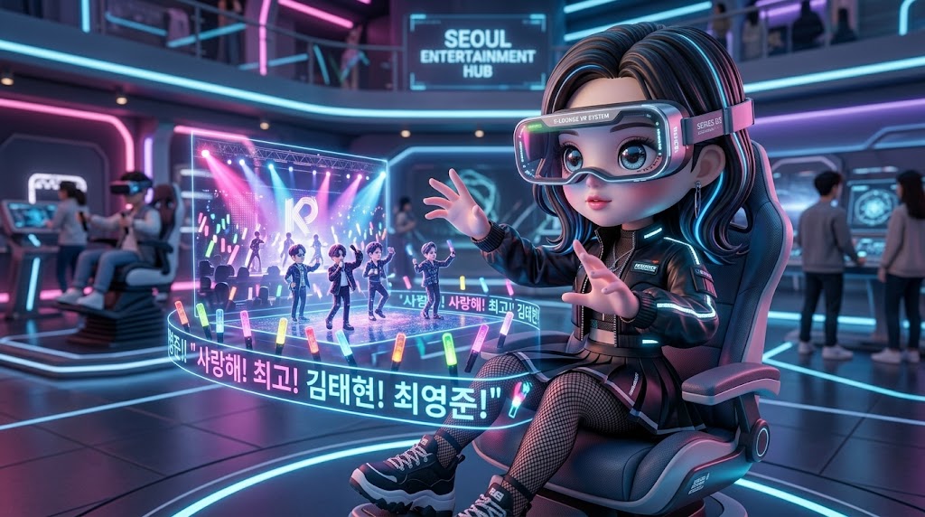  character with dynamic eyes wearing a VR headset, gesturing towards a vibrant holographic K-Pop concert projection, illustrative style