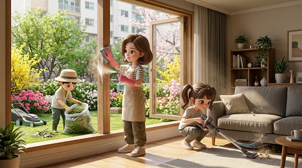 봄맞이 대청소를 하는 캐릭터 이미지