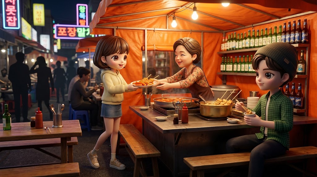 한국의 밤 시간대, 활기차게 운영되고 있는 전통적인 포장마차의 모습