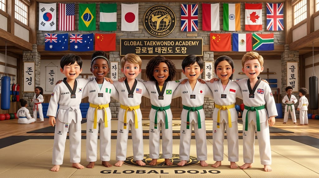 글로벌한 배경, 세계 각국의 국기들이 걸려 있는 강당. 다양한 피부색의 아이들이 각자의 띠를 매고 환한 미소로 주먹을 쥐고 파이팅 포즈를 취하는 모습.