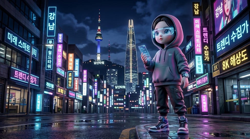 화려한 네온사인과 홀로그램이 가득한 서울 도심 속의 스타일리시한 캐릭터