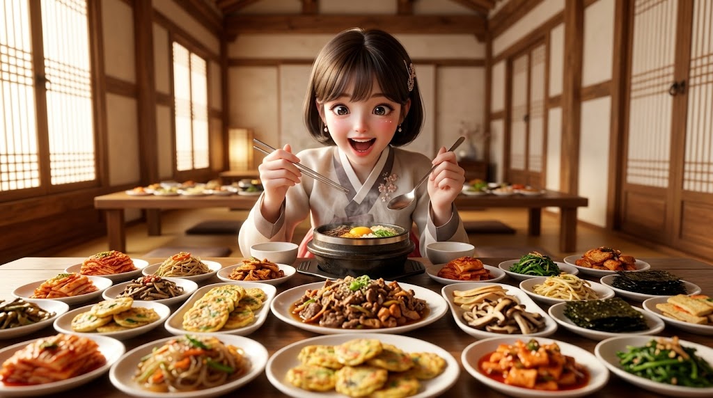 경기도 여행 중 한정식과 다양한 반찬을 즐기는 여행자를 표현한 연출 이미지