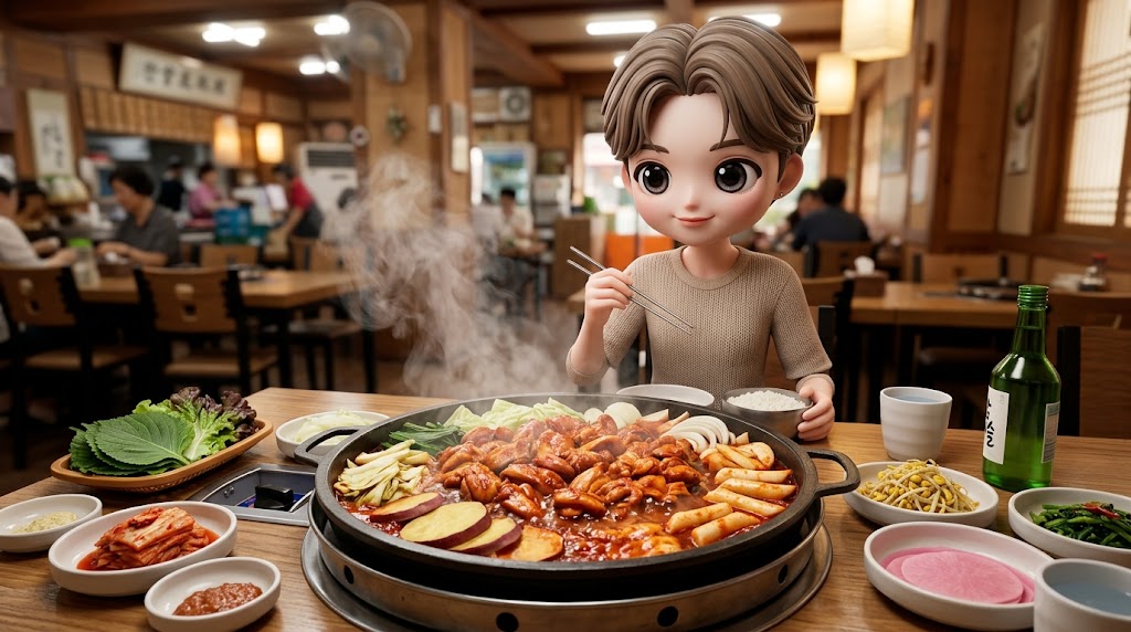 춘천 닭갈비를 먹는 여행자를 표현한 연출 이미지