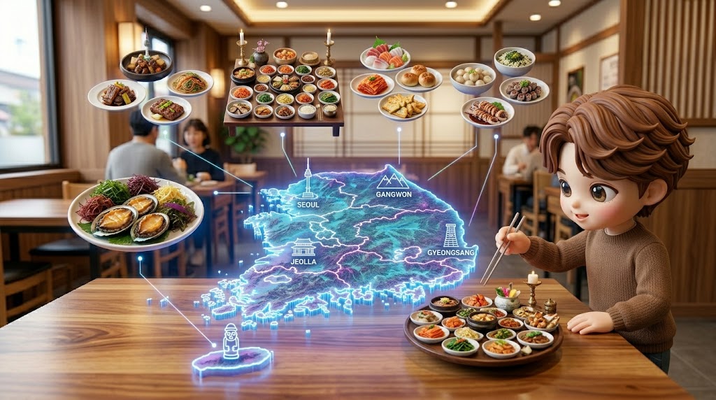 홀로그램처럼 빛나는 한국 지도 그래픽 위에 각 지역(서울, 전라, 경상, 강원, 제주)을 대표하는 반찬 접시들이 입체적으로 떠 있는 모습