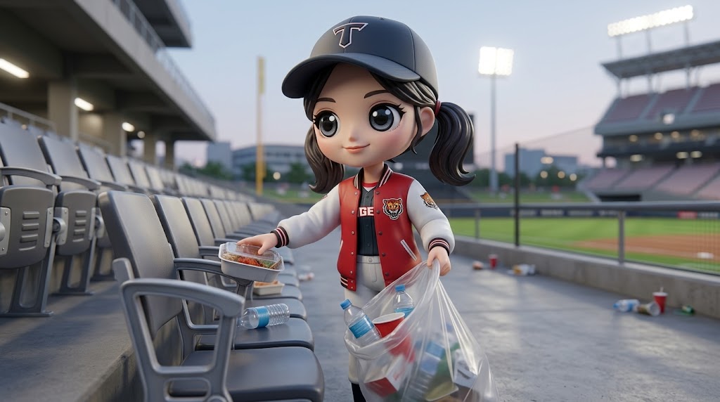 경기 종료 후 자신의 자리를 깨끗이 정리하는 예의 바른 관람객 (A polite spectator tidying up their seat after the game ends.)
