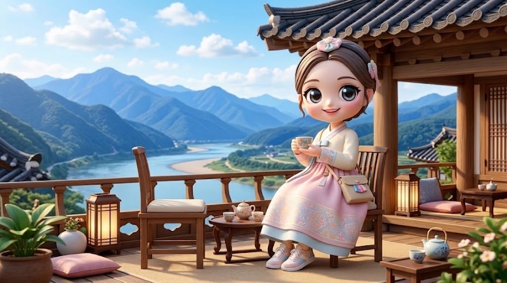 세련된 개량 한복을 입고 영월의 풍경을 배경으로 셀카를 찍는 귀여운 캐릭터 (A cute character in trendy modified Hanbok taking a selfie against the scenery of Yeongwol.)
