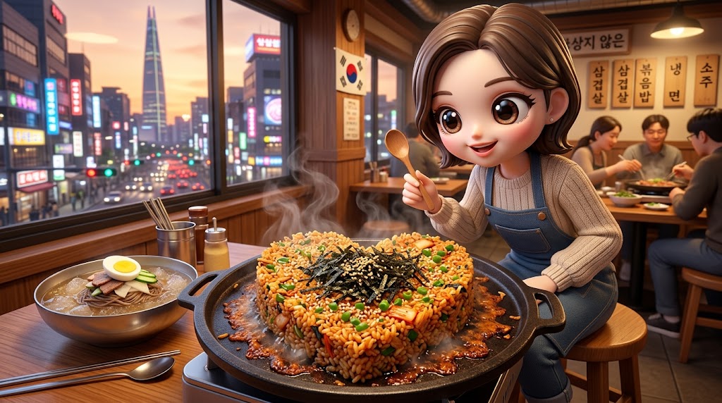 불판 위에서 하트 모양으로 만들어진 맛있는 볶음밥 / Delicious fried rice shaped like a heart on the grill